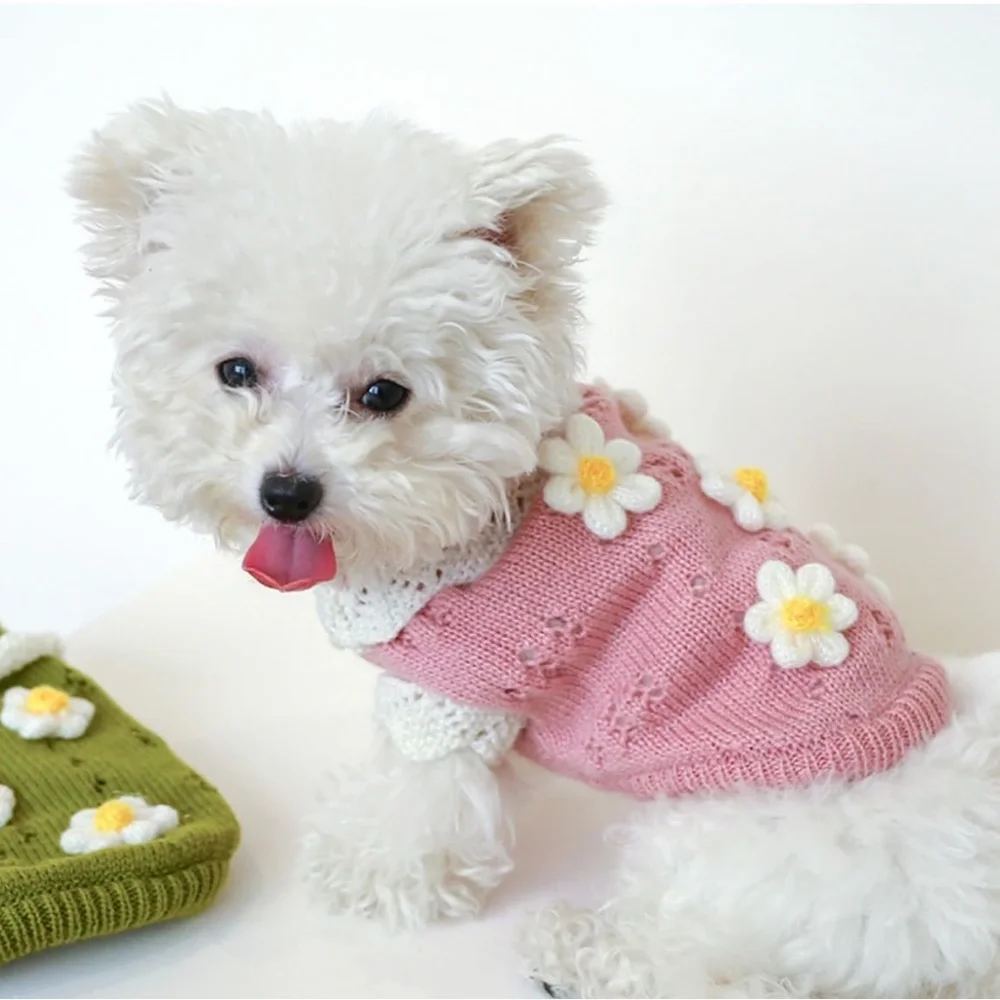 Dog Sweater Warm and Knitted Sweater Dog Flower Pattern -3 left Small